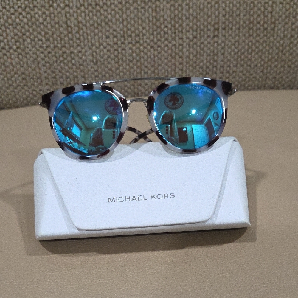 Michael Kors Tortoise Snow Leopard Frame Sunglasses with Turquoise Lenses